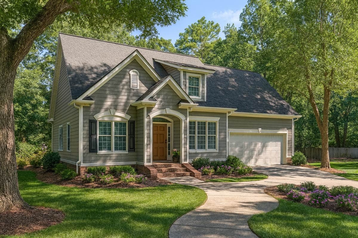 House plan exterior: Two-story, Traditional style, with arched entry, dormer, and side-entry garage.