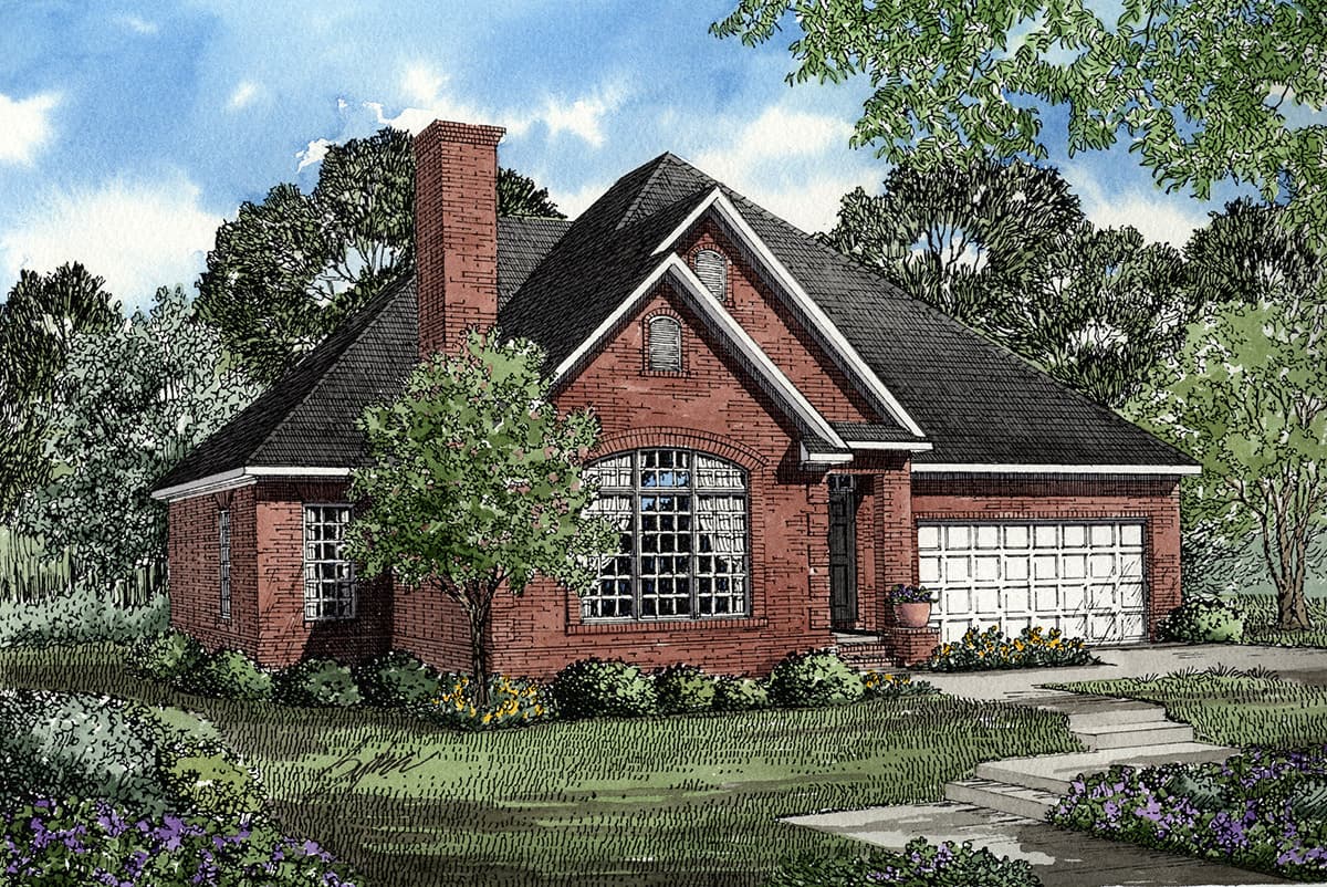 House plan exterior: Brick ranch with a prominent gable, arched window, brick chimney, and two-car front-facing garage.