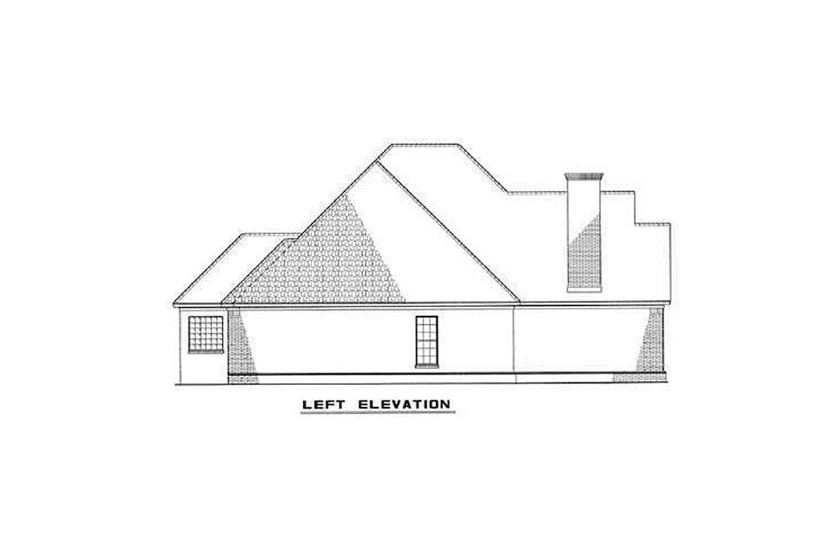 Left elevation drawing of a house plan showing a prominent gabled dormer and a chimney.