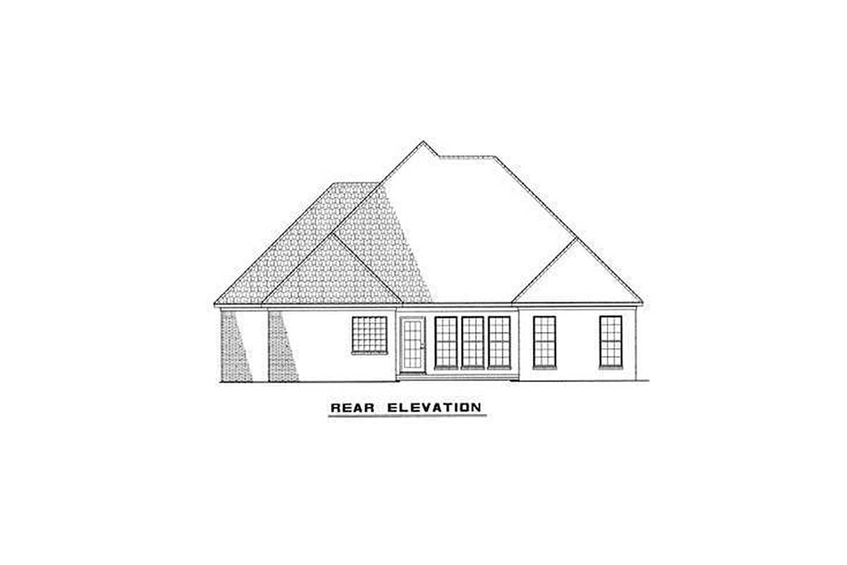 Rear elevation drawing of a house plan showing a hip roof, multiple windows, and a central door.