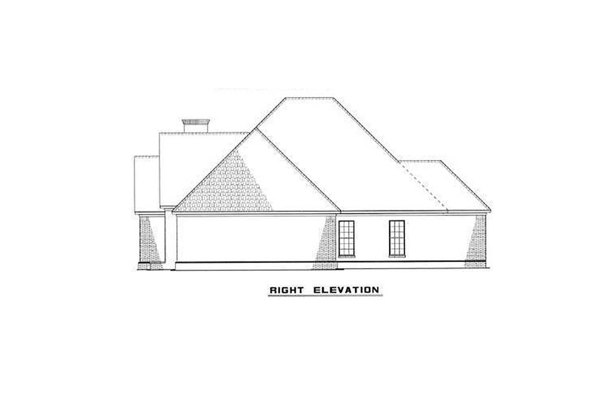 Right elevation drawing of a house plan, showing a prominent hip roof, dormer, and brick accents.