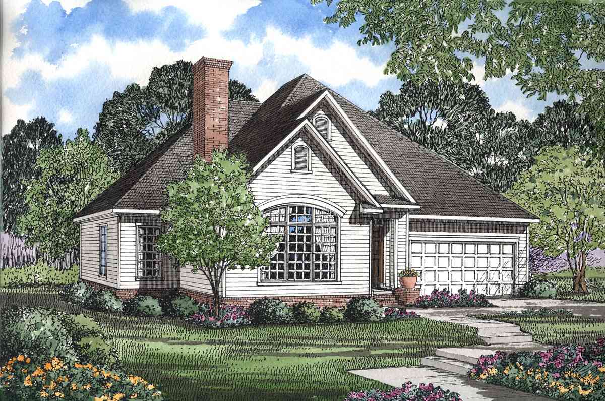 Craftsman style house plan exterior with prominent brick chimney, steeply pitched roof, dormer, and wide arched window.