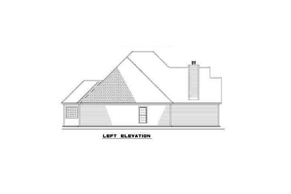 Left elevation of a house plan showing gabled roof, clapboard siding, a window, and a chimney.