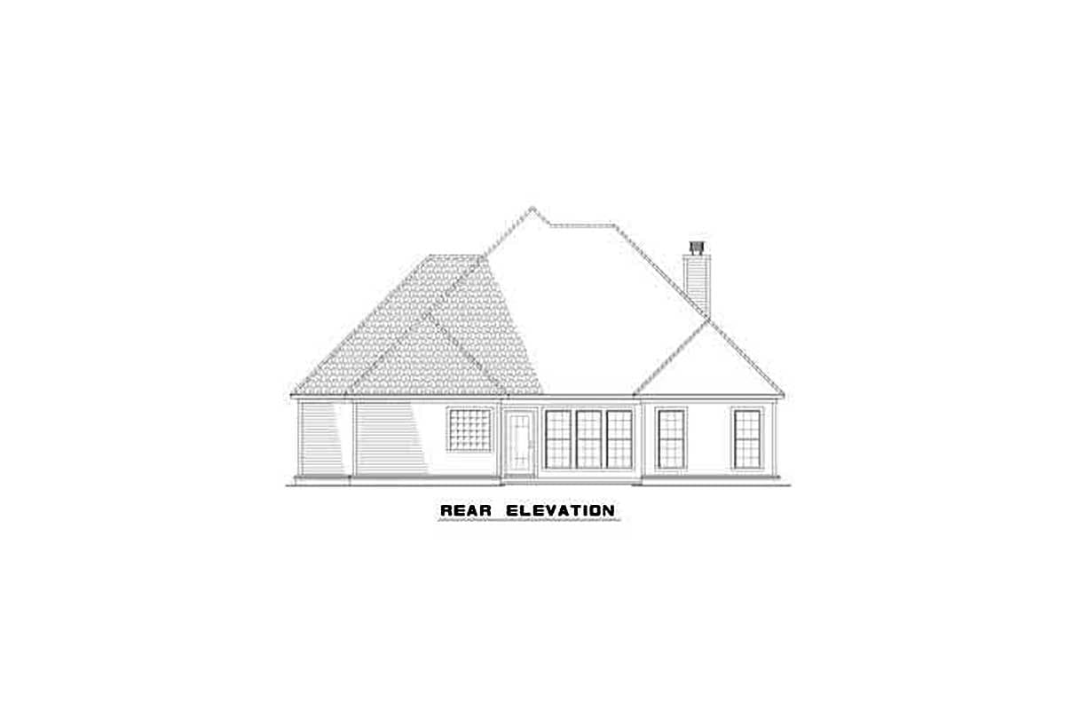 Rear elevation drawing of a house plan featuring a hip roof, large windows, and a chimney.