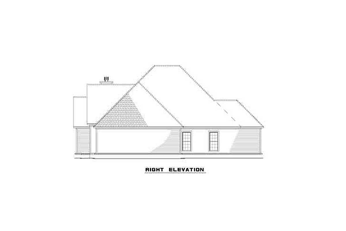 House plan right elevation showing a hip roof, dormer, and two windows.