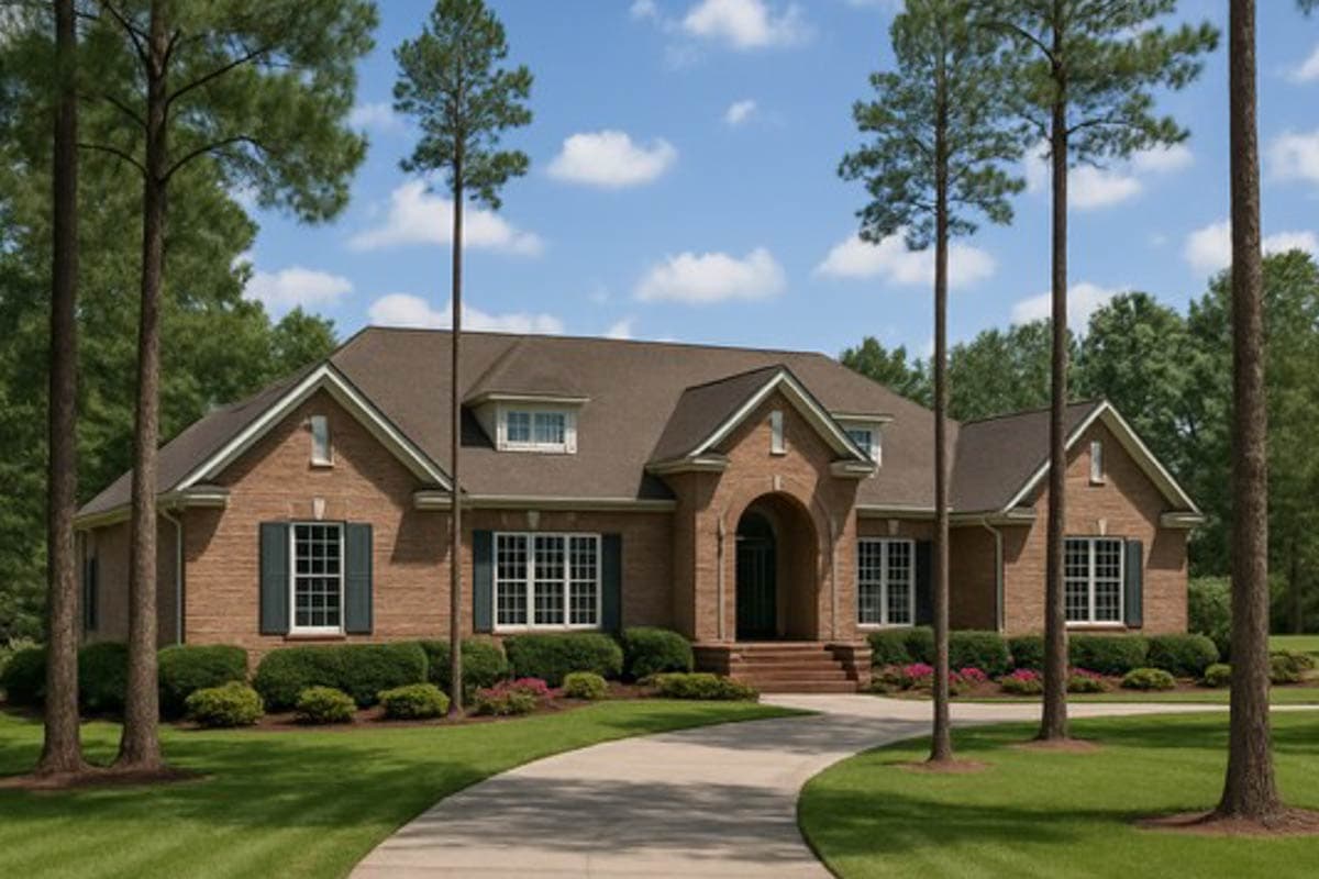 House plan exterior: Brick one-story home with arched entry, gables, dormers, and a winding driveway.