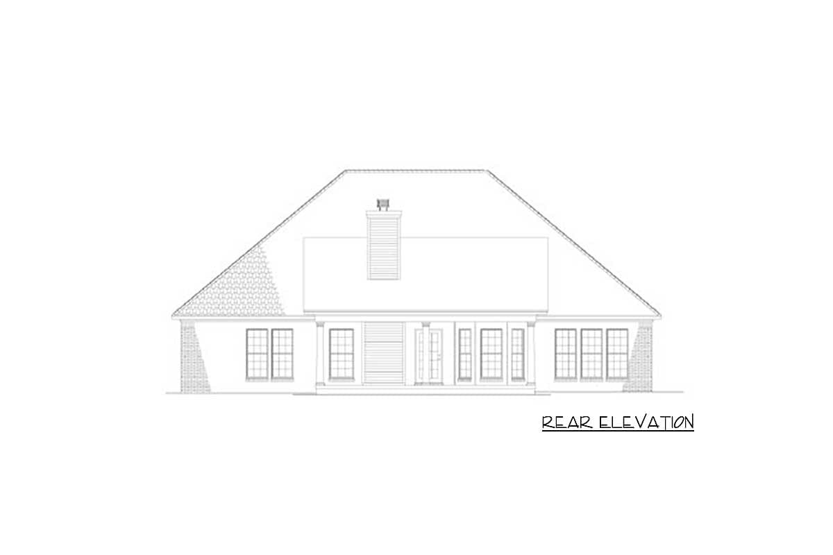 Rear elevation drawing of a house with a symmetrical facade, central French doors, and flanking windows.