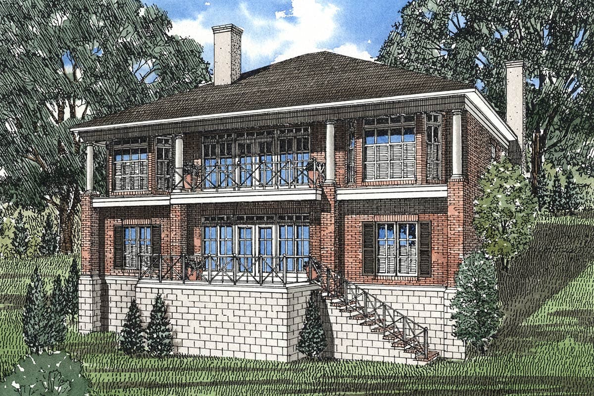 House plan exterior rendering of a two-story brick home with a two-story columned porch, balconies, and prominent chimneys.