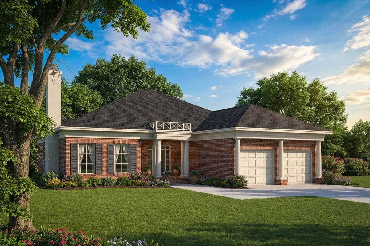 House plan exterior: Brick ranch with double garage, gabled roof, prominent chimney, and covered front entry with columns.