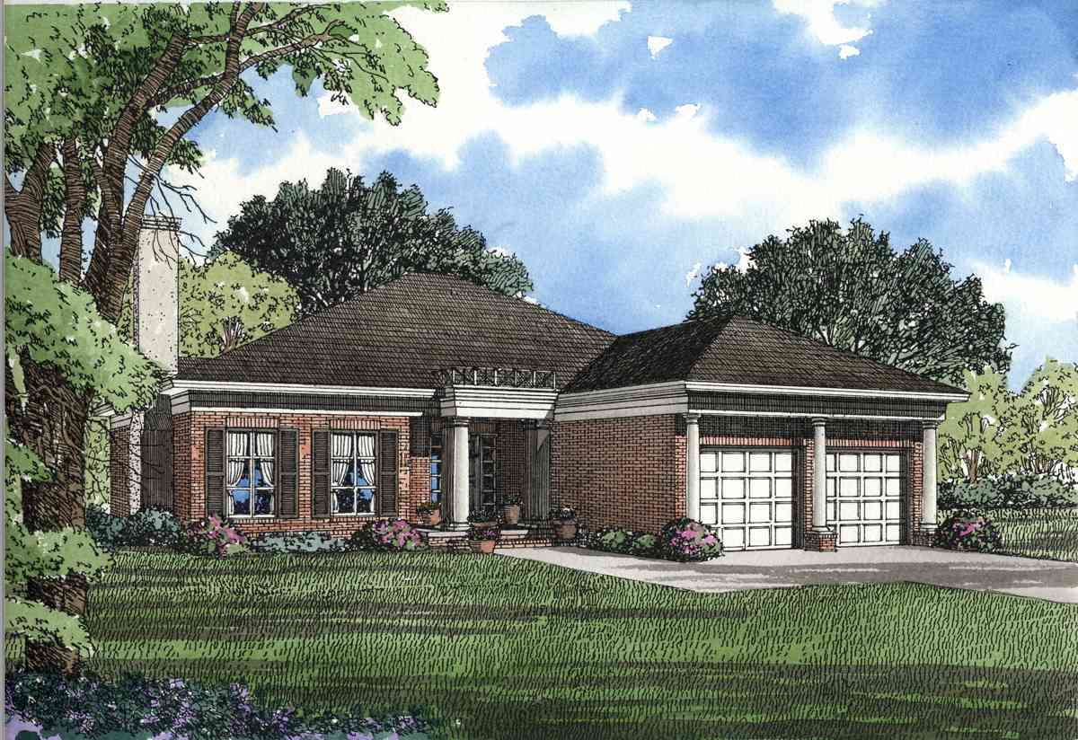 House plan exterior: Ranch style, brick, gable roof, prominent portico with columns, and attached two-car garage.