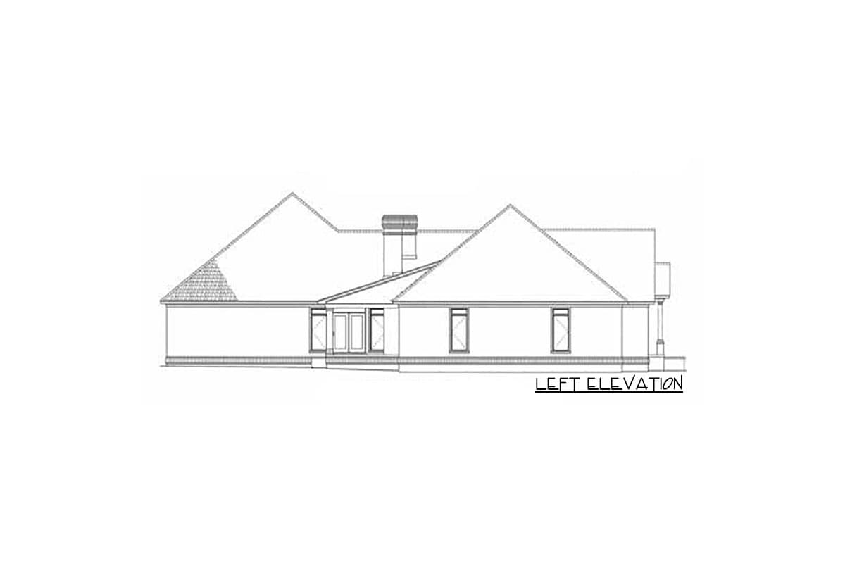 Left elevation drawing of a house plan with multiple gables, a central chimney, and various window arrangements.