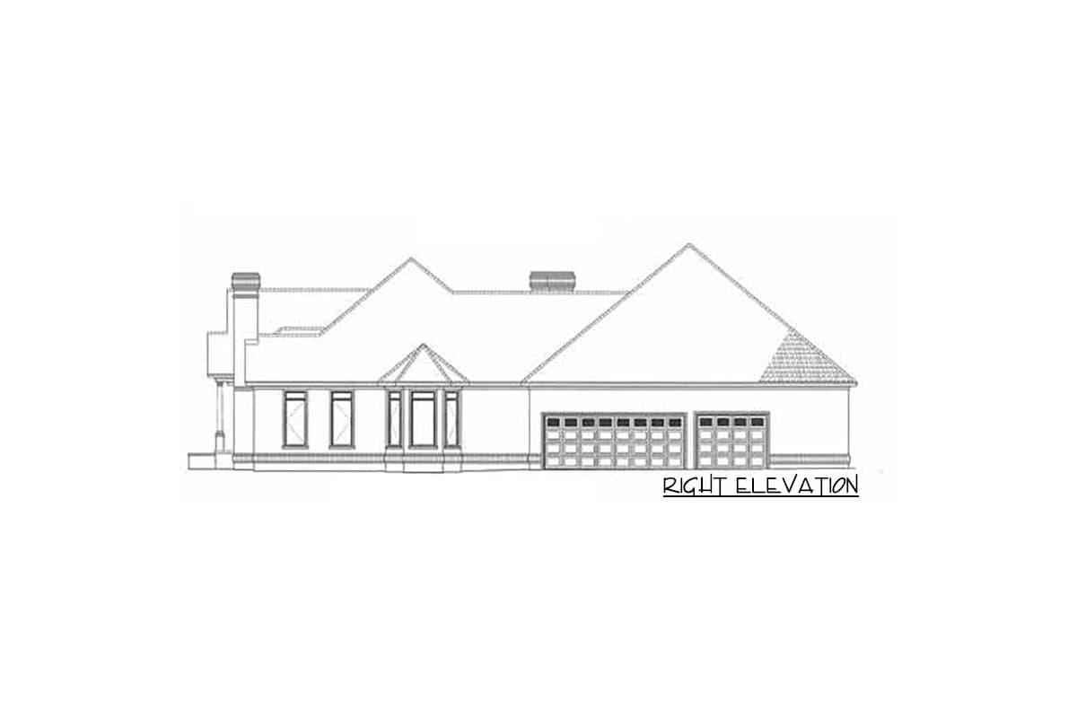 Right elevation house plan showing a prominent gable, multiple rooflines, a three-car garage, and a brick chimney.