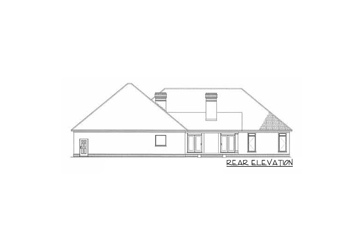 Rear elevation drawing of a house plan featuring a hip roof, two chimneys, a door, multiple windows, and double doors.