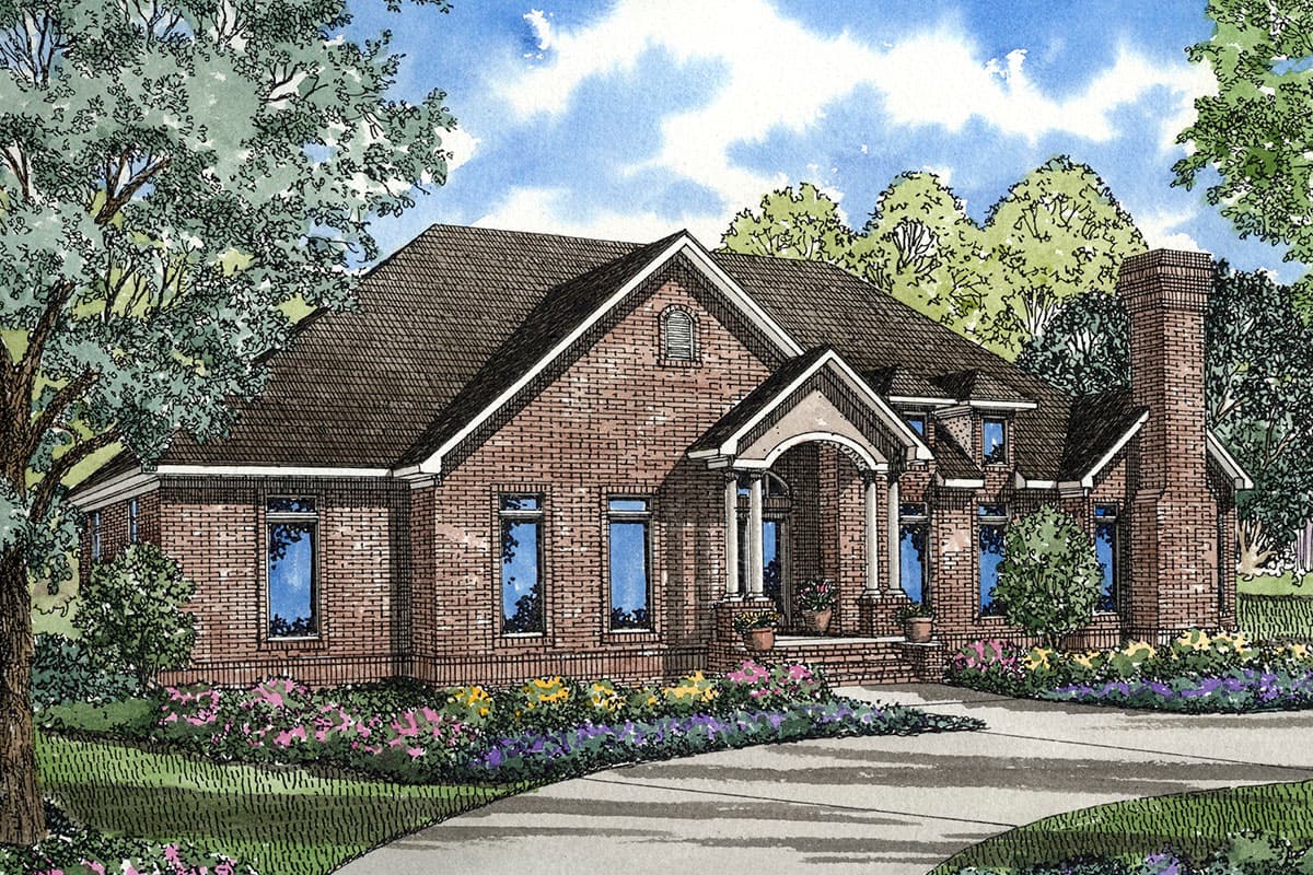 House plan exterior, brick facade, covered porch with columns, gabled dormers, and a prominent chimney.