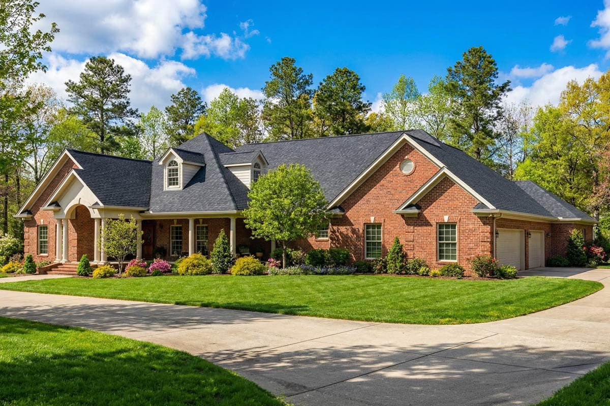 House plan exterior: One-story brick home with arched entry, dormer, multiple gables, and attached three-car garage.