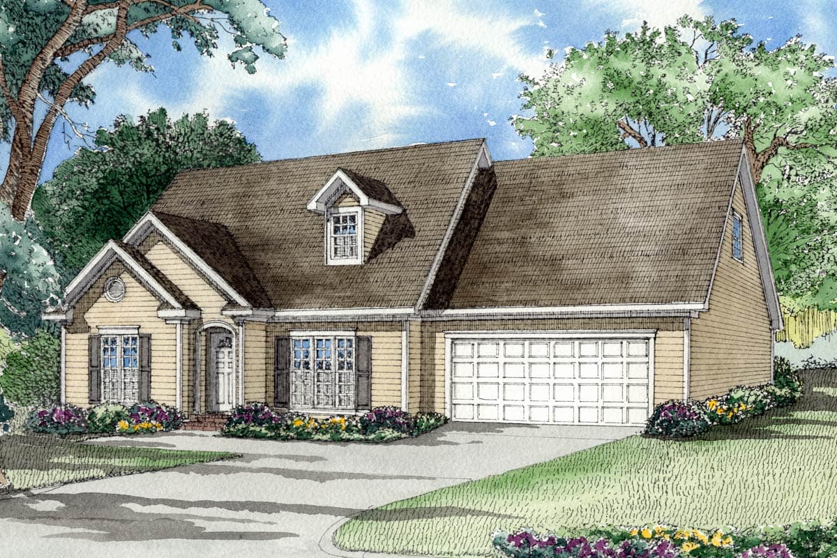 House plan exterior: Ranch style, one-story, with front-facing garage, gable accents, and a dormer.