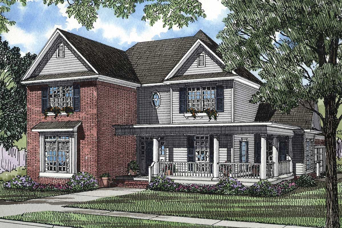 Two-story house plan exterior with brick and siding, wrap-around porch, and multiple gables.