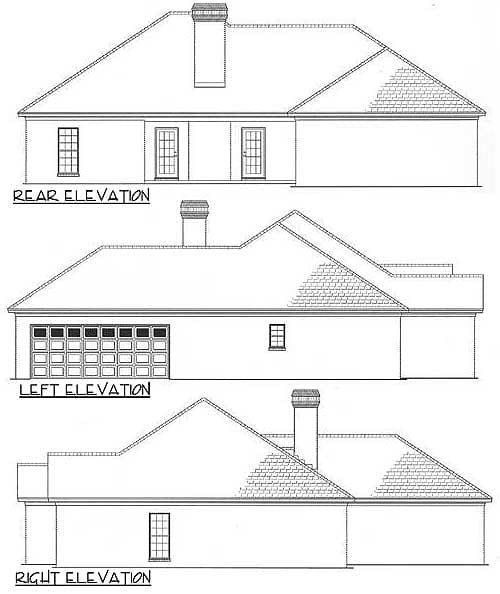 Architectural house plan elevations: rear, left with garage door, and right. Includes chimneys and doors.