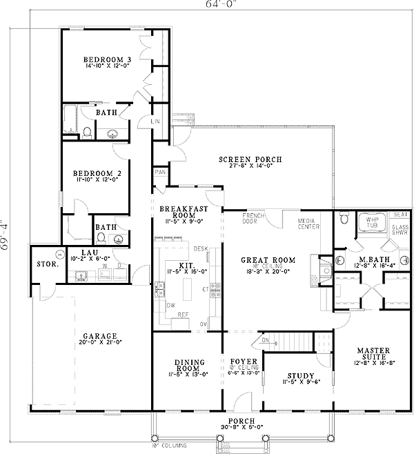 Plan 59462ND: 4 Bedroom House Plan with Rocking Chair Porch - 2263 Sq Ft - Floor Plan - Main Level - Country