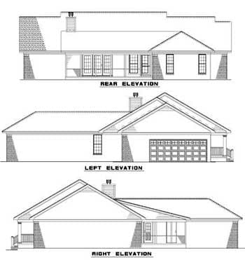 Front, rear, and side elevations of a single-story house plan with a gable roof, prominent chimney, and attached garage.