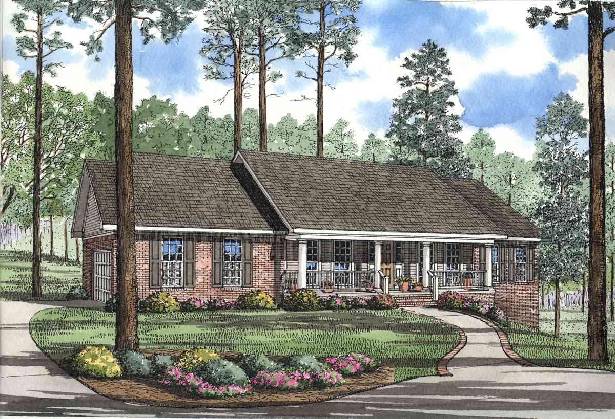 House plan exterior: One-story brick home with a covered front porch, white columns, gabled dormers, and attached garage.