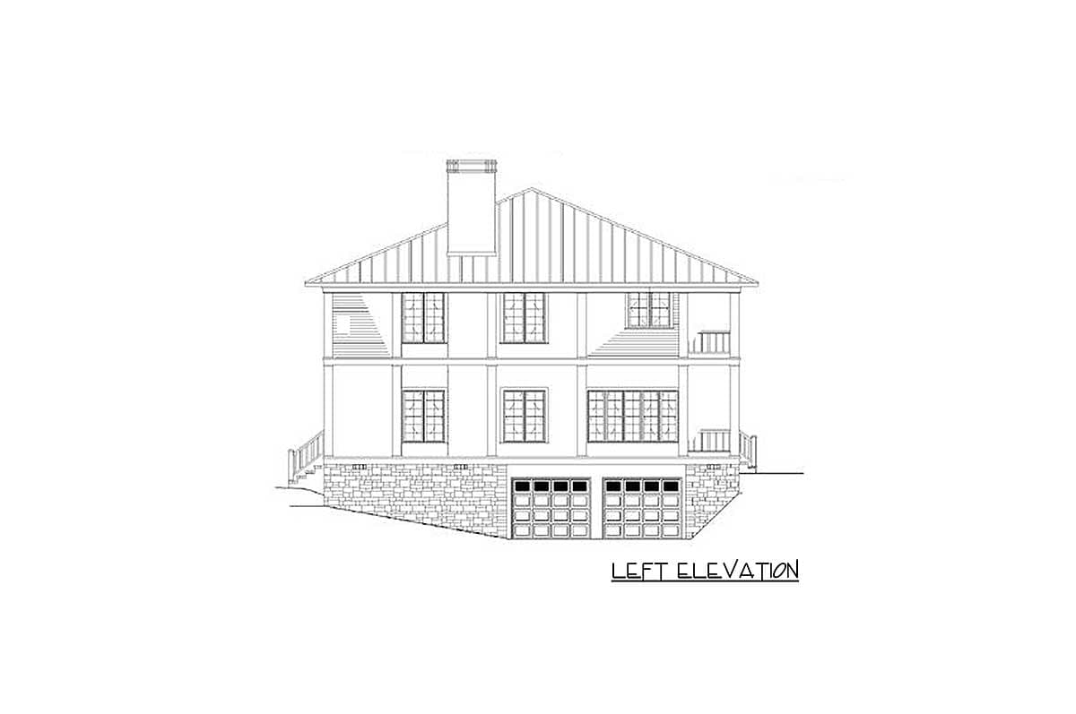 Left elevation drawing of a two-story house with a gabled roof, chimney, stone base, and a two-car garage.
