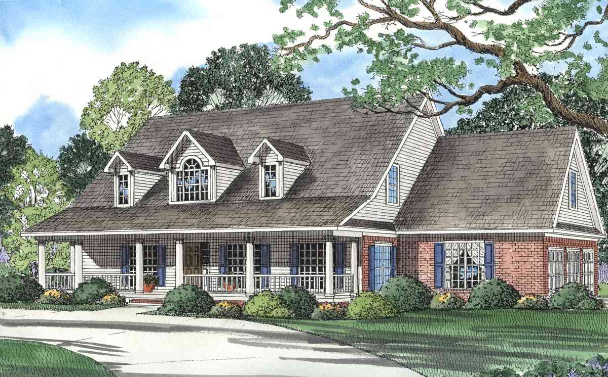 House plan exterior: Two-story home with a wraparound porch, dormer windows, and brick accents.