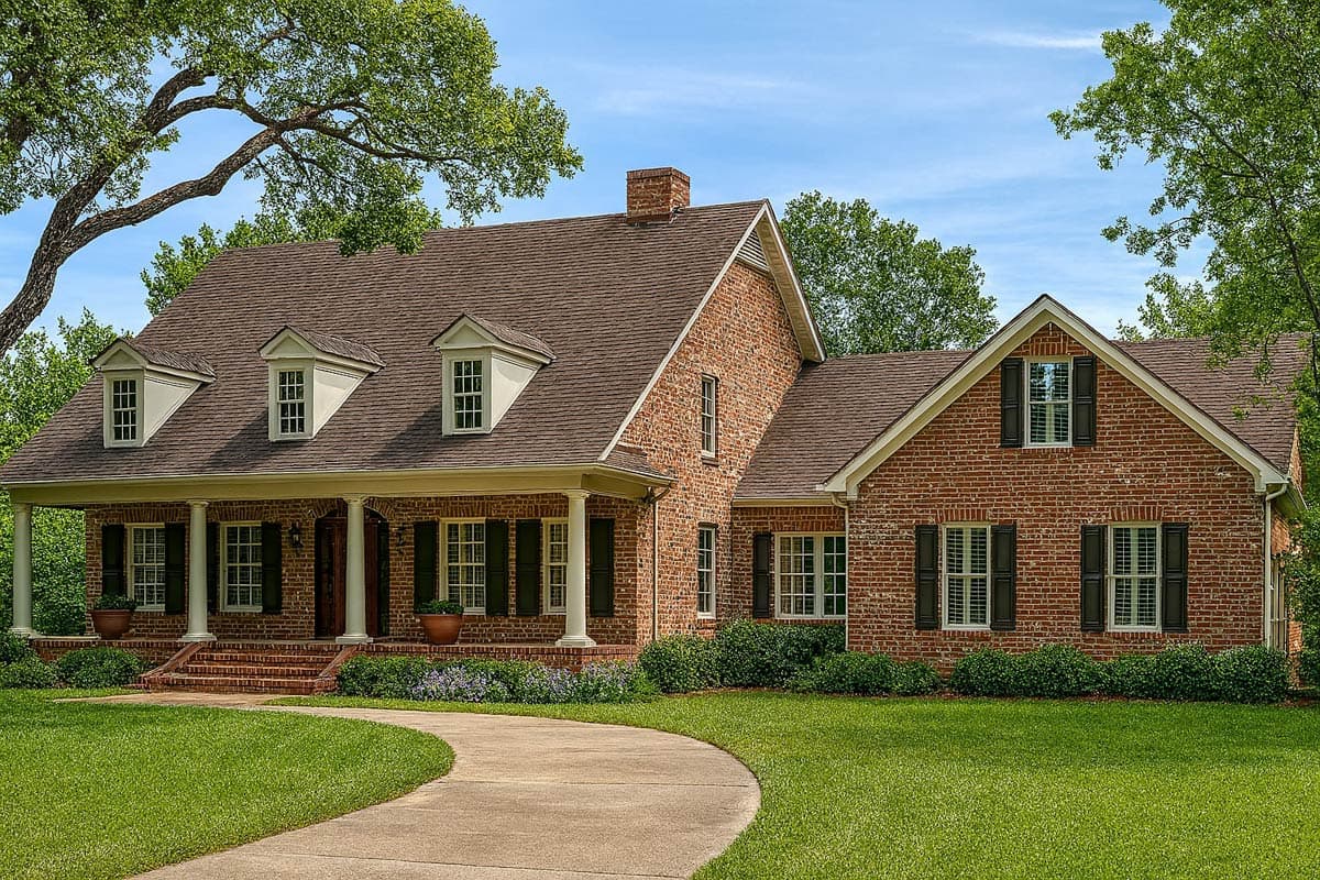 House plan exterior of a two-story brick home with a wraparound porch, dormer windows, and gabled rooflines.