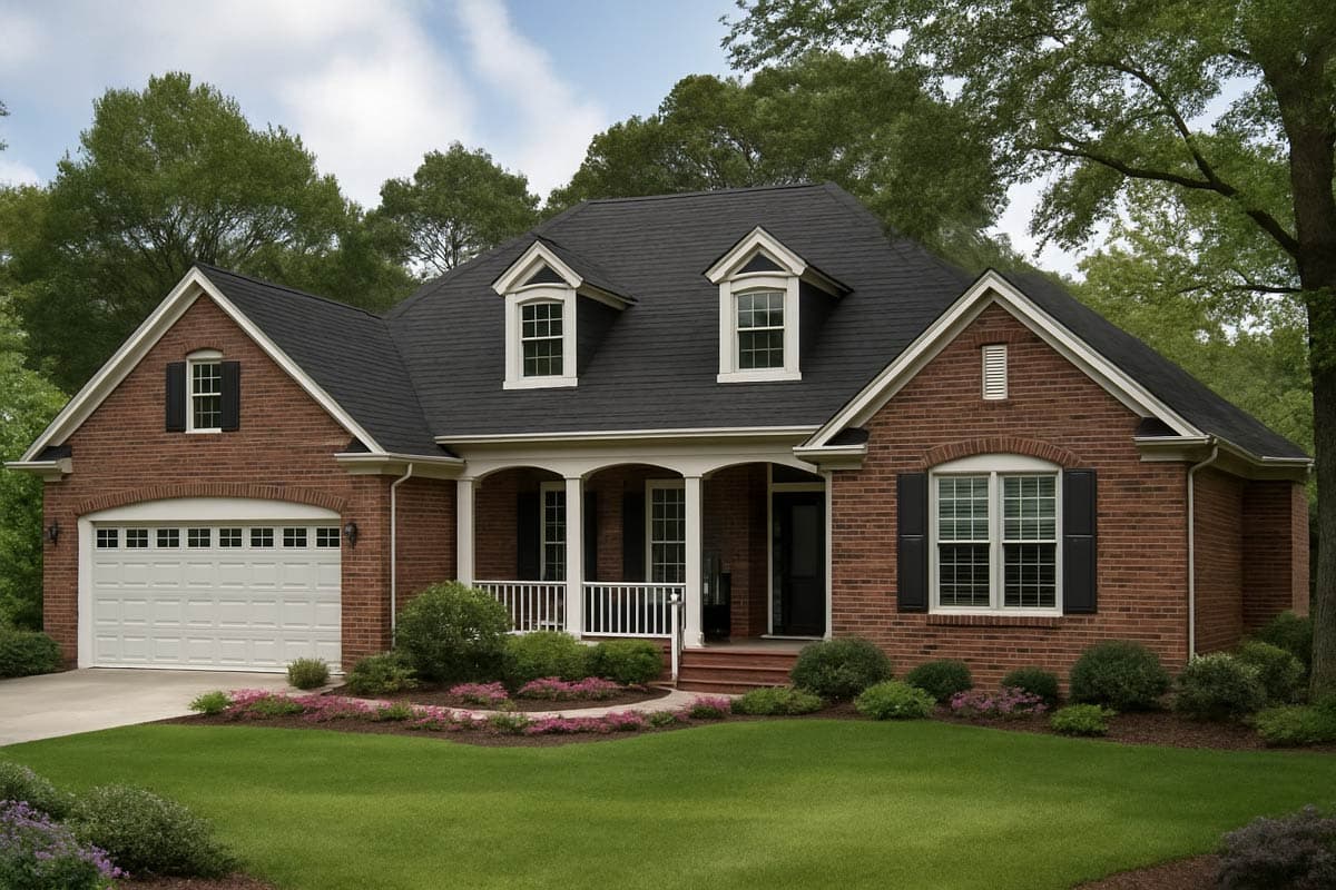 House plan exterior: Brick two-story home with attached garage, covered porch with columns, and dormer windows.