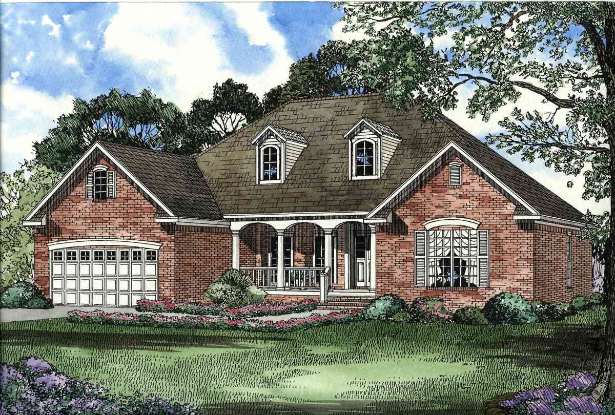 House plan exterior: Brick two-story home with front-entry garage, arched dormers, and covered porch with columns.
