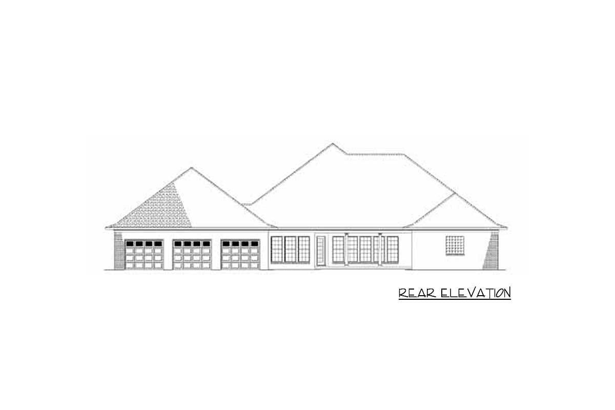 Rear elevation of a house plan showing a triple garage, multiple windows, french doors, and varied rooflines.