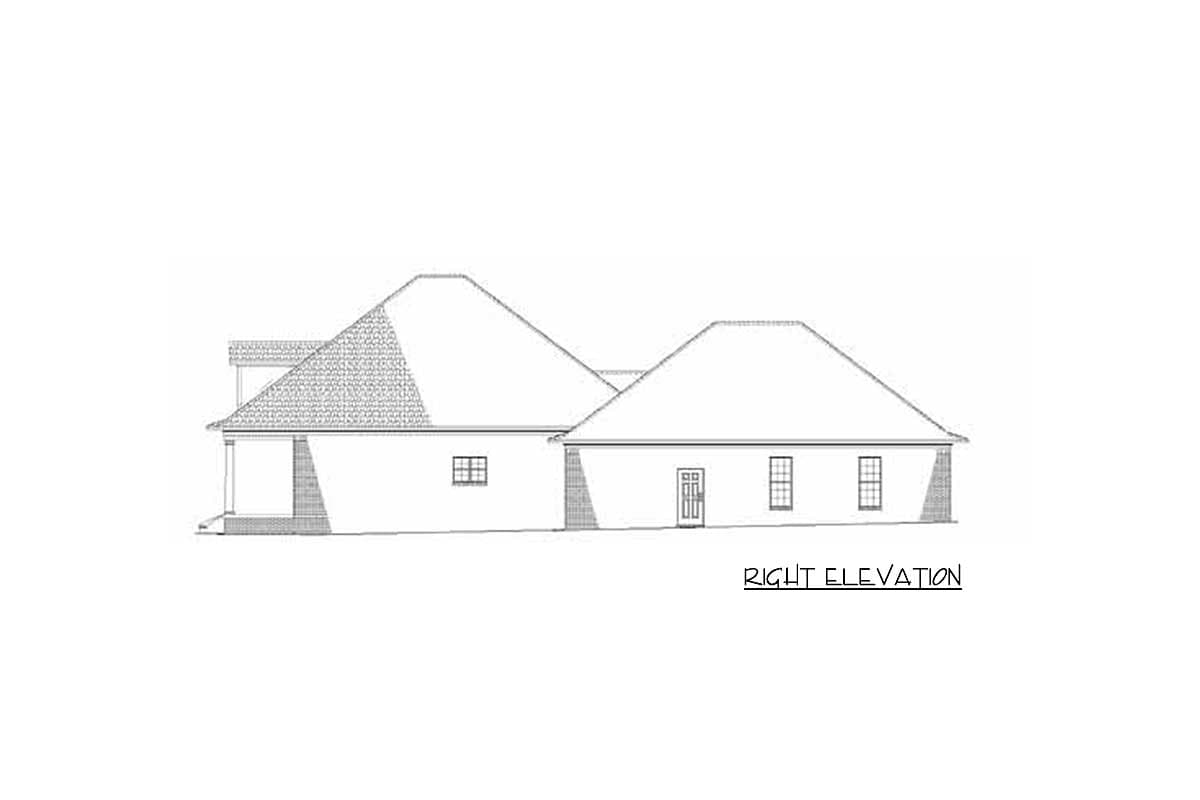 Right elevation house plan drawing showing a single-story structure with a covered porch, gabled rooflines, and multiple windows.