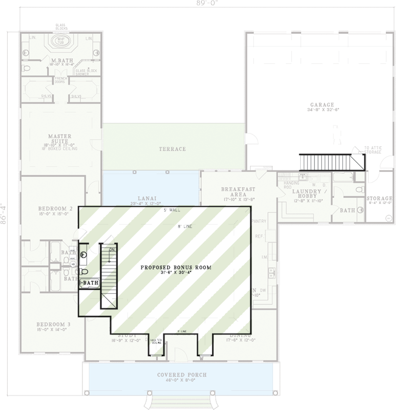 Plan 59472ND: Spacious Southern Ranch with Bonus Room and Terrace - Floor Plan - 2nd Floor - Ranch, Southern