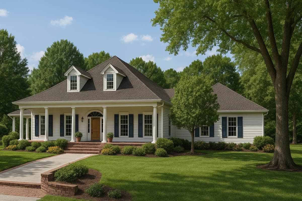 House plan exterior: Ranch style, single-story with wraparound porch, dormers, and prominent gables.