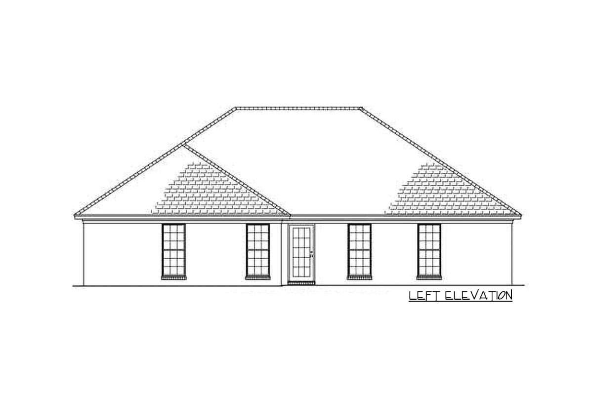 Left elevation drawing of a one-story house plan with a hip roof, multiple windows, and a central door.