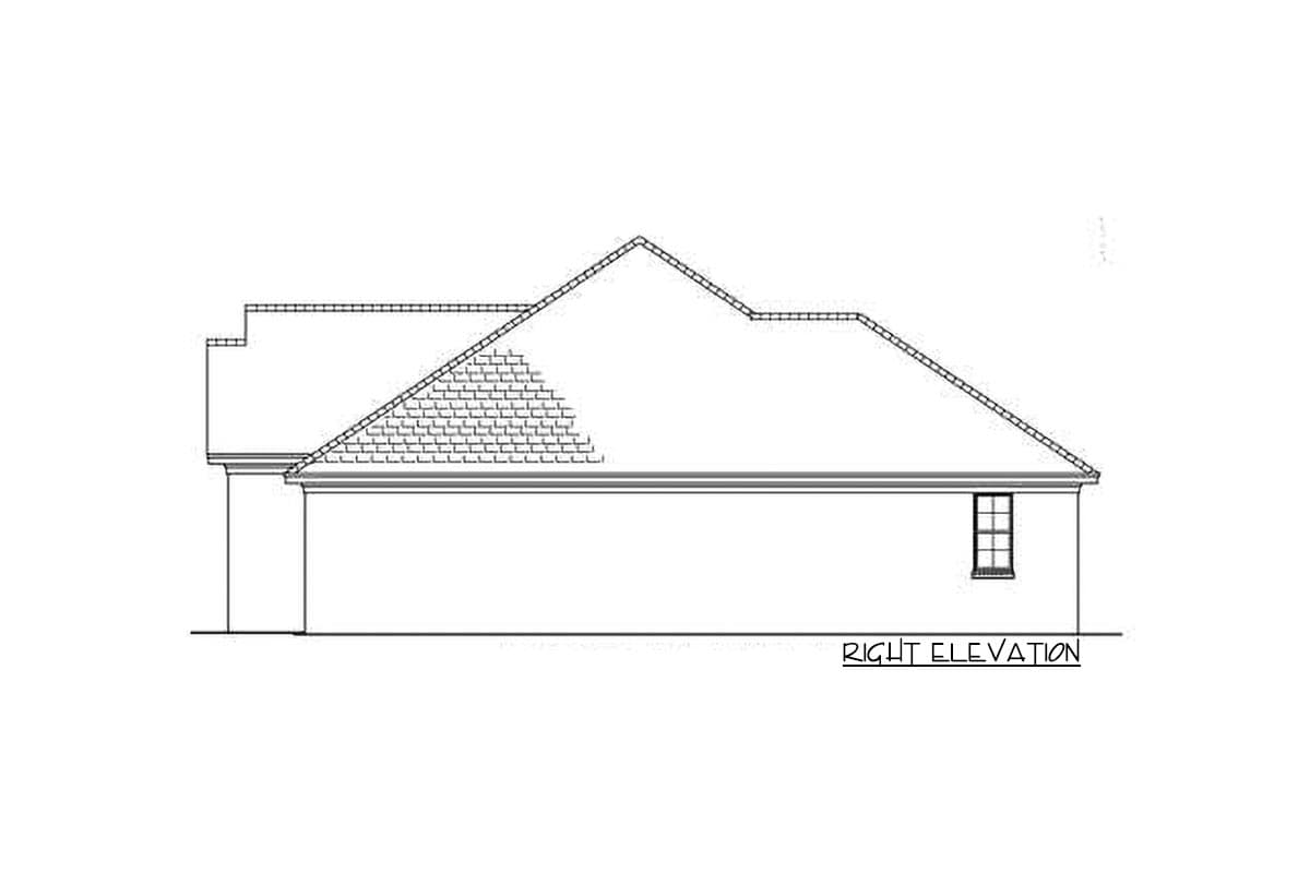 Right elevation drawing of a house plan showing rooflines, a single window, and hip and gable roof sections.