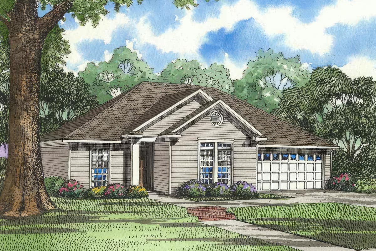 House plan exterior. Single-story Ranch-style home with gabled roof, a decorative round window in the gable, and an attached garage.