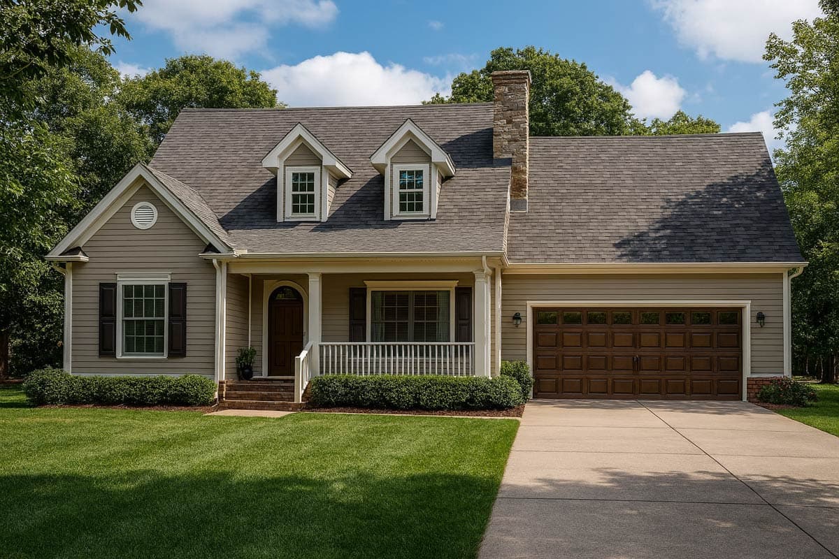House plan exterior: Traditional style, two stories, front porch, dormers, and attached garage.