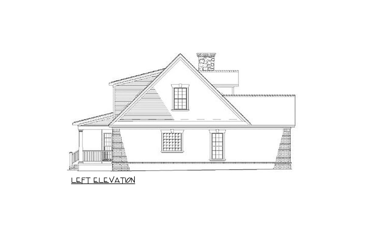Left elevation house plan showing a gabled roof, stone foundation, front porch, and a prominent chimney.