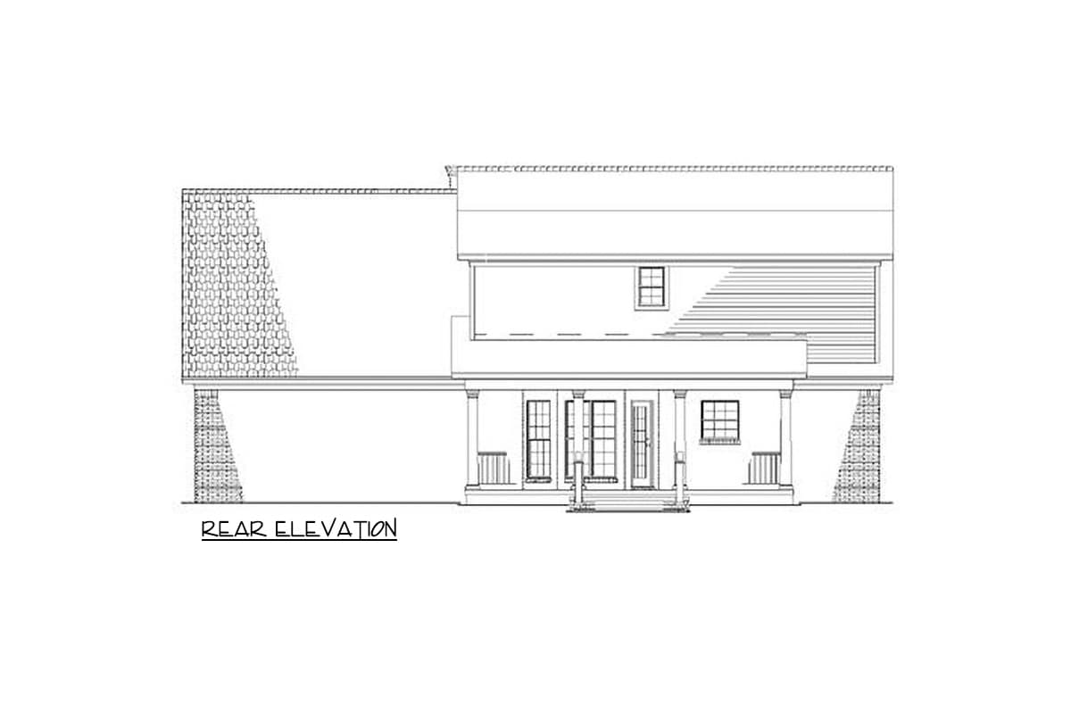 Rear elevation drawing of a two-story house with a covered porch, double doors, and decorative stone foundation.