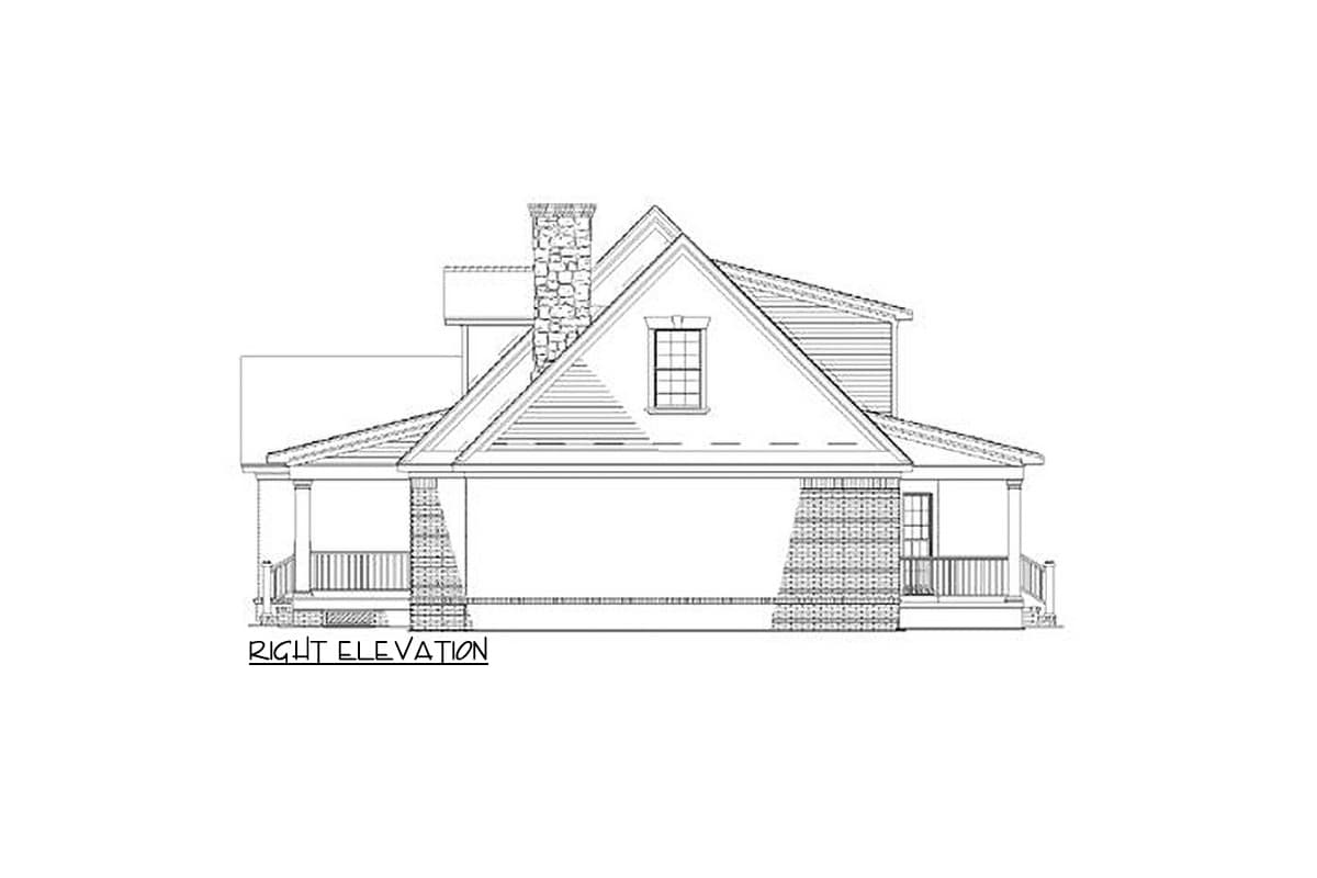 Right elevation house plan showing a two-story house with a prominent gabled dormer, stone chimney, and wrap-around porch.