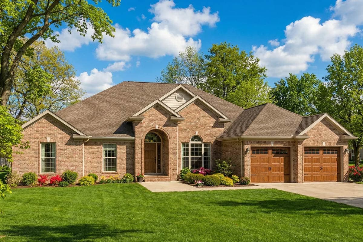 House plan exterior: one-story brick home with arched entryway, prominent gable, and a side-entry two-car garage.