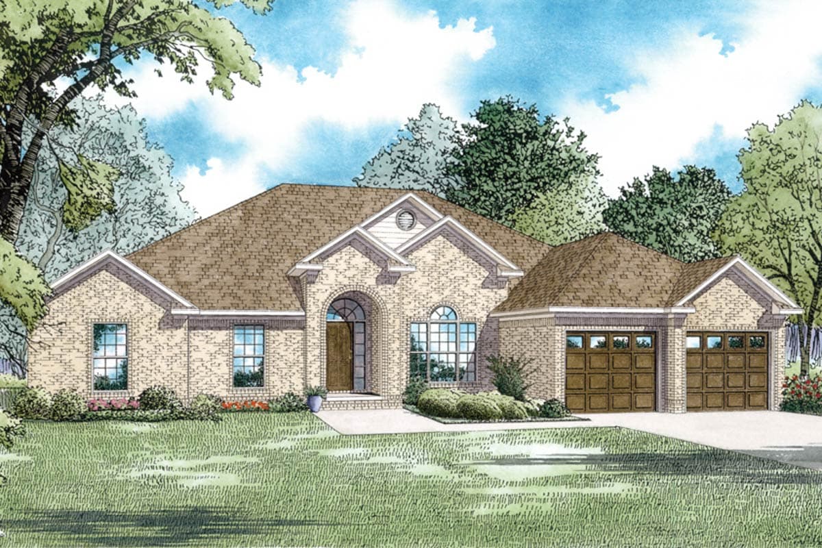 One-story house plan exterior with brick facade, arched entryway, multiple gables, and prominent rooflines.