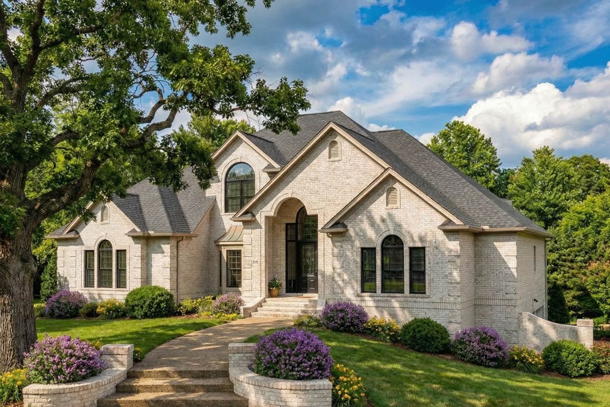 House plan exterior. Two-story brick home with arched entryway, arched windows, and multiple gables.