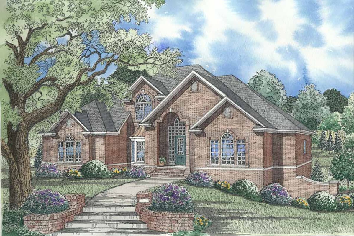 House plan exterior: Brick home with multiple gables, arched entryway, bay windows, and pitched rooflines.