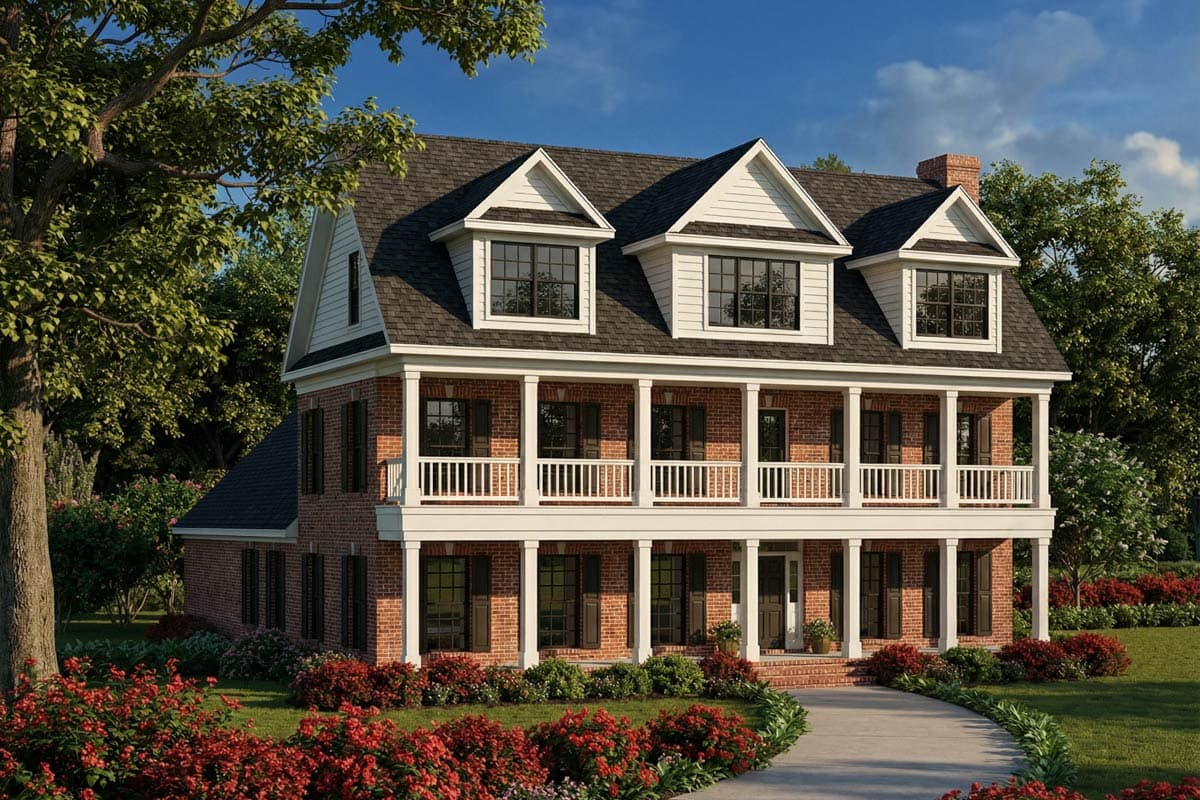 House plan exterior: Two-story brick home with a full-width wrap-around porch, dormers, and a gabled roof.