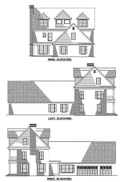 House plan rear, left, and right elevations. Features include multiple gables, dormers, chimney, covered porch, and a three-car garage.