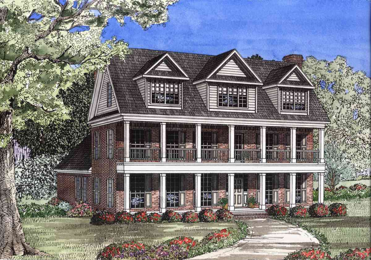 House plan exterior: Two-story brick home with full-width porches on both levels and three dormers on the steeply pitched roof.