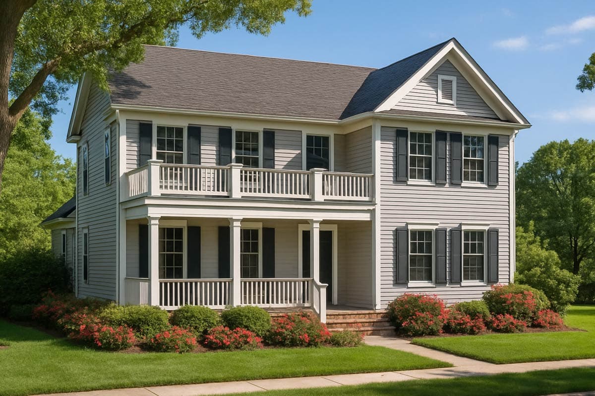 House plan exterior of two-story home with double-decker front porch, gabled dormer, and lap siding.