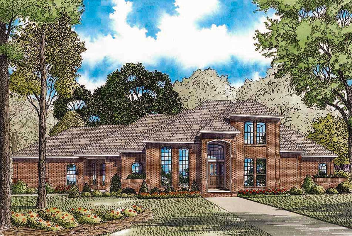 House plan exterior: Brick ranch with arched entryway, gables, multiple dormers, and hip rooflines.